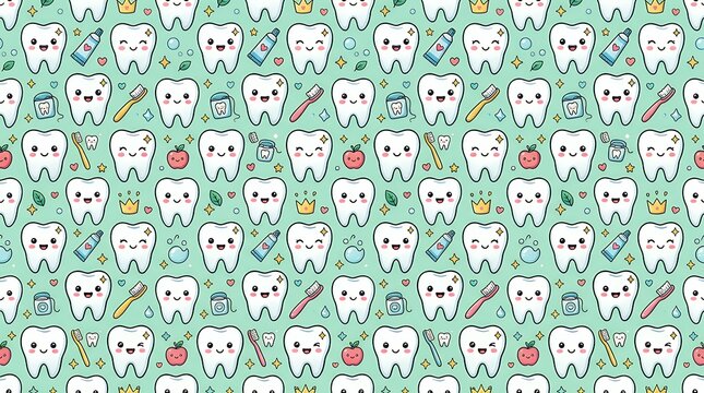 Healthy Happy Tooth Kawaii Dentistry Seamless Pattern  abstract adorable animation baby backdrop brush brushing candy care cartoon character cheerful child clean cleaning clipart