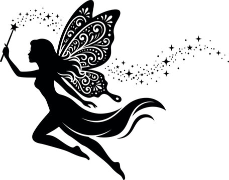 Beautiful Winged Fairy Woman In A Flowing Dress Casting Magical Spells With A Star Wand And Glittering Stars