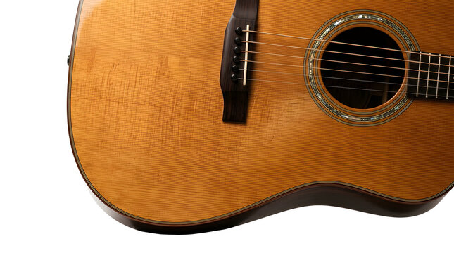 Acoustic guitar close up showing wood grain texture isolated on white background, ideal for music, hobby, and concert design, and creative projects, high quality visuals, modern branding
