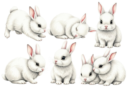 Six fluffy white baby bunnies in various playful poses like sleeping and stretching on a gray background, watercolor illustration easter celebration atmosphere
