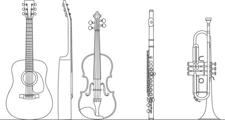 Blue line vector illustration of classical and acoustic musical instruments including guitar, violin, flute, and trumpet © Beauty