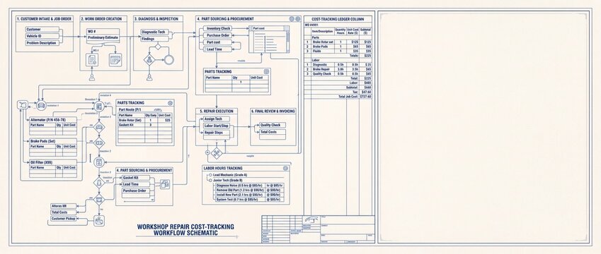 Workshop repair cost tracking workflow schematic in blueprint style with flowchart boxes, ledger tables and thin blue linework on cream background.