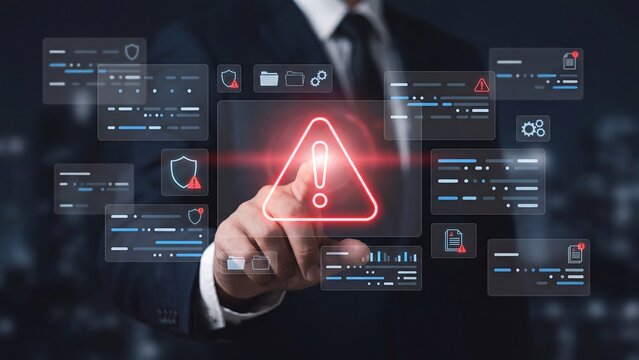 System error and warning alert concept, businessman touching glowing triangle with exclamation mark among data and code windows, shield, folder and gear icons, danger notification and cyber risk sign