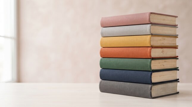 Neat stack of seven unbranded hardcover books in muted pink, gray, yellow, orange, green, blue, charcoal. Soft natural light from window side illuminates textured fabric covers