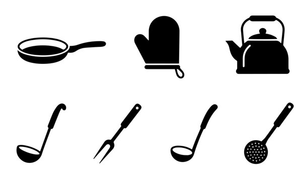 Kitchen utensils icon set cooking tools kettle pan silhouette vector elements