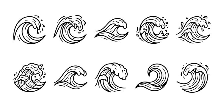 Ocean wave icon set sea surf water splash hand drawn outline vector