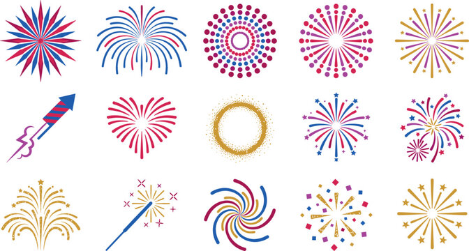 Colorful fireworks vector icons set featuring sparkling pyrotechnics, rocket explosions, heart firework bursting, starburst shapes, and festive celebration graphics for holidays.