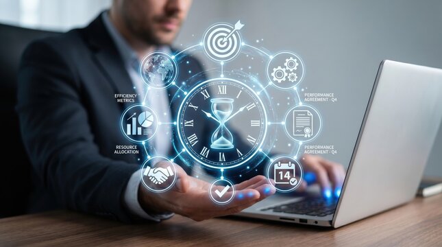 Project manager holding hologram clock with efficiency metrics, performance agreement, resource allocation, deadline management, time tracking, business strategy, workflow optim...