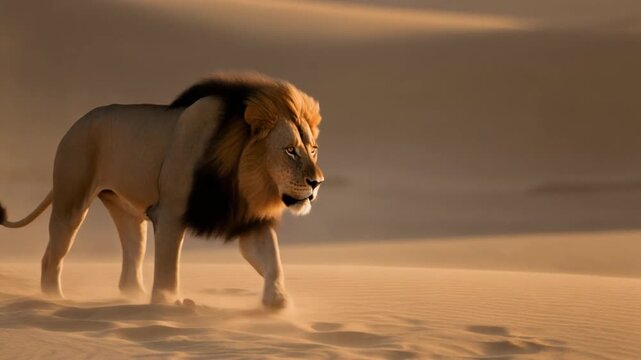World Lion Day majestic lion walking through a vast desert landscape during sunset