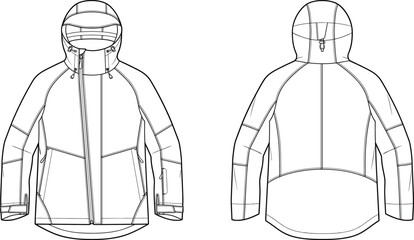 Technical fashion flat sketch of a professional hooded winter jacket for sports apparel design and tech pack © Beauty
