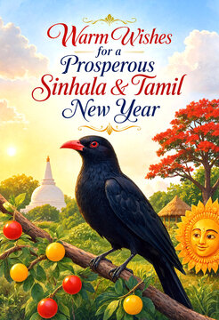 Colorful greeting card with bird and sun for sinhala and tamil new year celebrations in nature