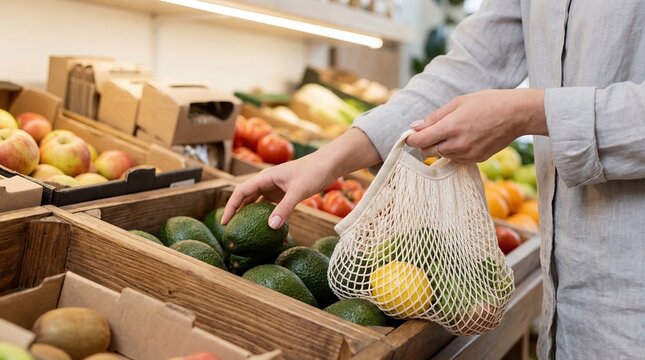Woman shopping fresh avocados at grocery store market, holding reusable mesh net bag, healthy organic food selection, sustainable lifestyle and eco friendly zero waste plastic f...
