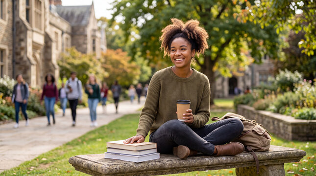 Smiling afro american asian student sitting on a stone bench on campus with a takeaway coffee and books, assignment, classmates, learning, academic, research, collaboration, student life