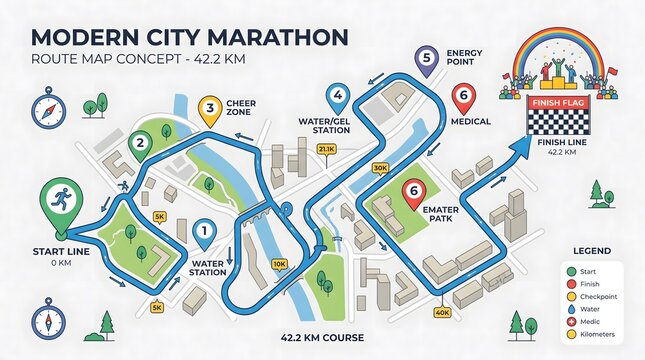 Modern city marathon route map concept with checkpoints and stations.