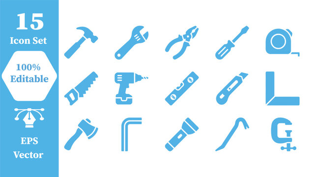 Hand tool and hardware equipment icon set for construction with tape measure