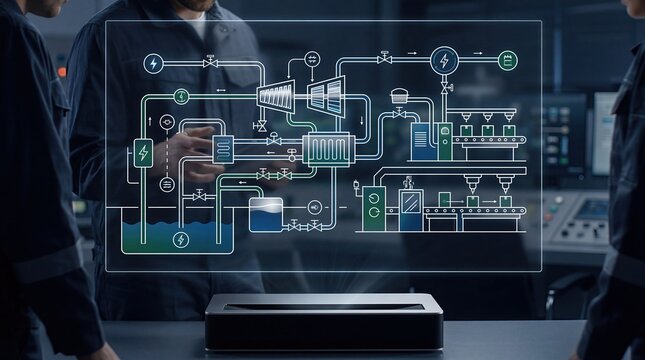 Industrial engineers analyzing complex factory process flow on futuristic holographic interface display, digital twin technology for manufacturing optimization and smart product...