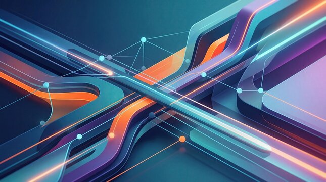 Abstract futuristic background featuring colorful glowing data streams and network connections, representing high speed internet, artificial intelligence, big data flow and adva...