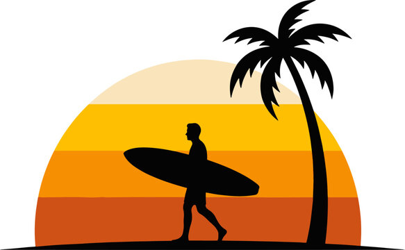 Lone surfer walking past curved palm tree silhouette against half retro sunset vector illustration