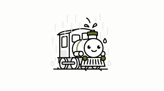 Cute smiling steam train engine with falling raindrops.