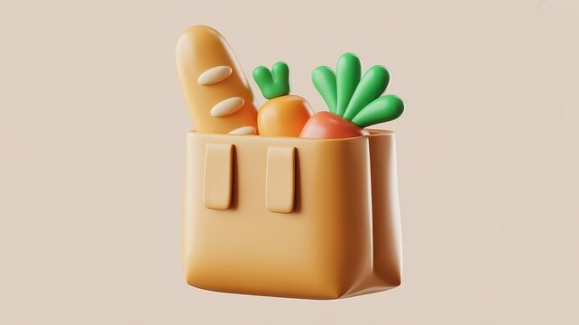 3D grocery bag with fresh vegetables and bread, paper shopping bag icon for delivery service, organic food products in brown bag