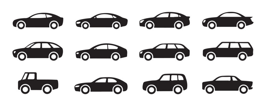 Set of car body types silhouette icons isolated on transparent background for automobile design.