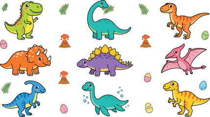 Cute cartoon dinosaur vector set featuring baby t-rex triceratops brachiosaurus stegosaurus and pterodactyl characters with volcano and egg illustrations for nursery design © MdMehedi