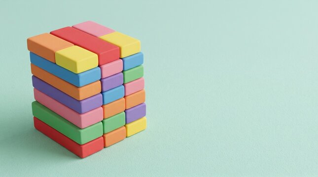 Vibrant multicolored erasers arranged in neat cube stack against soft mint backdrop. Bright saturated hues create playful contrast. Clean lighting highlights texture form