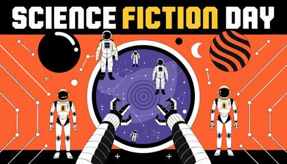 Obraz premium Science Fiction Day banner with astronauts and robots, retro futuristic space exploration vector, orange and black sci-fi cosmic background