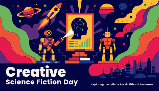 Creative Science Fiction Day banner, futuristic space exploration vector illustration, colorful retro sci-fi robots and artificial intelligence concept