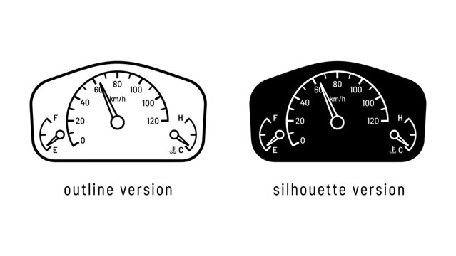 Speedometer Icon: A set of two speedometer icons, one in outline and the other in silhouette, indicating speed and fuel level.