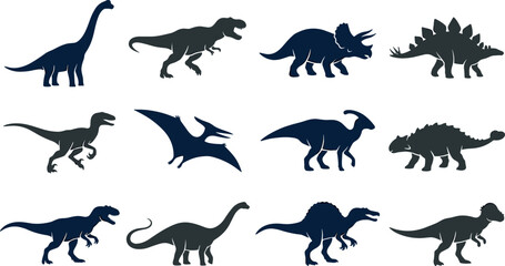 Dinosaur silhouette vector set featuring t-rex triceratops brachiosaurus stegosaurus pterodactyl velociraptor and spinosaurus shapes for jurassic wildlife and prehistoric education design © MdMehedi