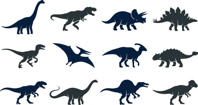 Dinosaur silhouette vector set featuring t-rex triceratops brachiosaurus stegosaurus pterodactyl velociraptor and spinosaurus shapes for jurassic wildlife and prehistoric education design