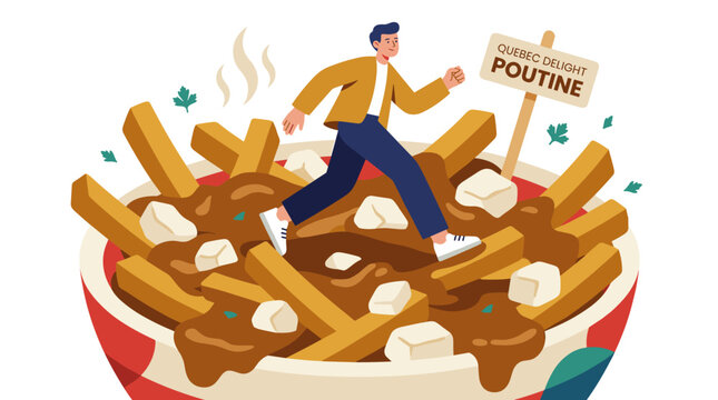 Man Running Across Giant Bowl of Quebec Poutine Illustration