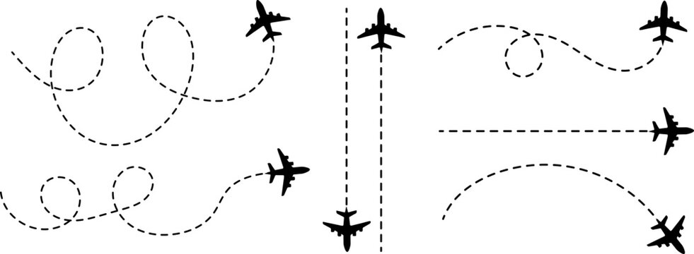 Airplane route, dotted flight path with flying plane symbol, twisted curved straight and heart shaped dashed trace line.