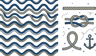 Nautical rope seamless pattern and marine vector elements set featuring twisted cord wavy lines knots and anchor illustrations for maritime design decoration © MdMehedi