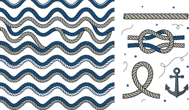 Nautical rope seamless pattern and marine vector elements set featuring twisted cord wavy lines knots and anchor illustrations for maritime design decoration