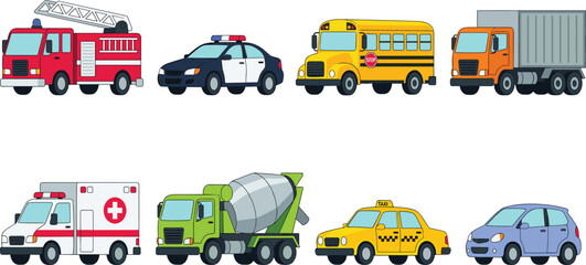 City Transport and Emergency Vehicle Vector Icon Set with Fire Truck Police Car School Bus Ambulance and Taxi © Maslima