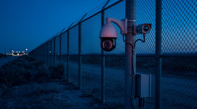 Security dome camera mounted on fence monitoring industrial perimeter at dusk