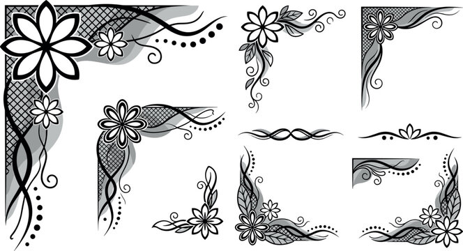 Set of decorative floral corner borders and hand drawn page accents with beautiful blossoms for wedding invitation templates