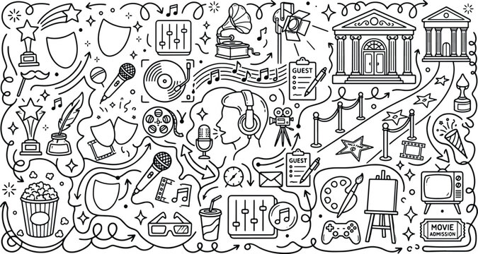 Music and performing arts doodle sketch collection with theater and entertainment icons entertainment performance handdrawn instruments microphone creative artistic broadcast celebration
