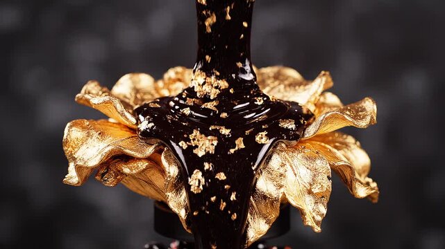 Detailed macro shot of thick glossy dark chocolate syrup pouring over a luxury sculpted golden metallic flower adorned with shimmering gold leaf flakes