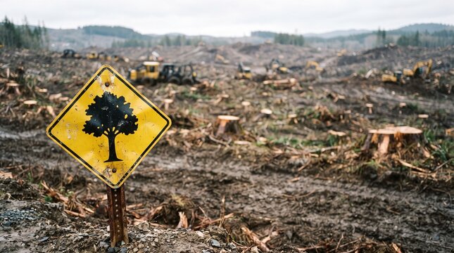 Deforestation's Scar: A stark diamond-shaped yellow warning sign featuring a silhouette of a tree stands amidst a heavily deforested landscape.