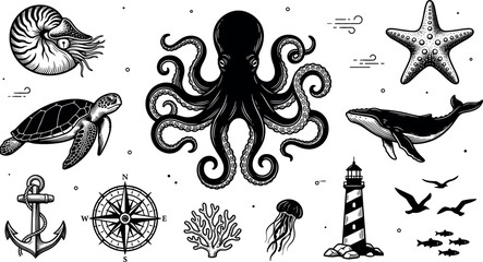 Nautical sea life vector set featuring hand drawn octopus whale sea turtle lighthouse anchor and compass rose illustrations for vintage marine tattoo design © MdMehedi