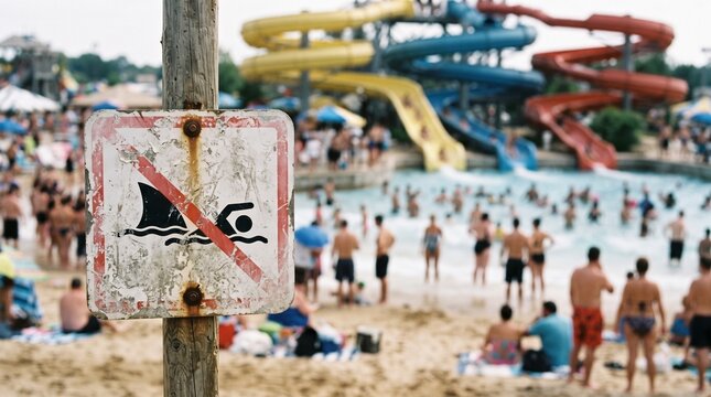 Shark Warning at Water Park: A weathered shark warning sign stands in the foreground, a stark contrast to the crowded.