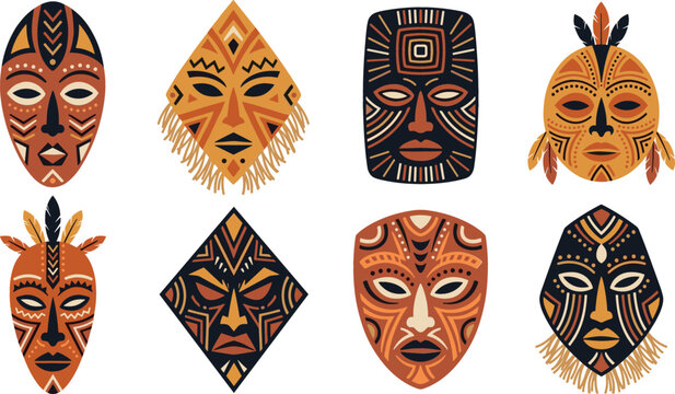 Traditional African tribal mask vector element set with ethnic geometric patterns wood texture feathers and ceremonial ritual ornaments isolated on white background