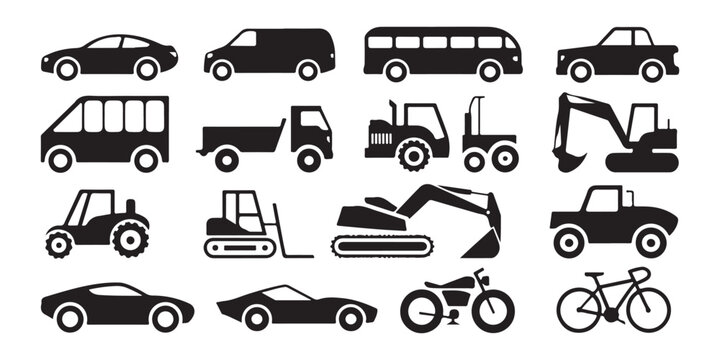 Set of black vehicle icons, vector illustration of different types of transportation.
