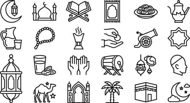 Islamic Ramadan Kareem and Eid Mubarak Line Icon Set Featuring Mosque Lantern Quran Crescent Moon and Kaaba Cultural Vectors