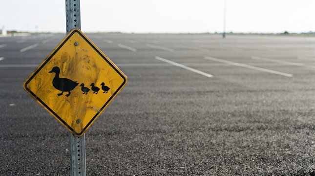Duck Crossing Sign in Empty Lot: A weathered yellow diamond-shaped sign depicting a mother duck and her ducklings crossing the road stands in an empty asphalt lot under a bright, clear sky.