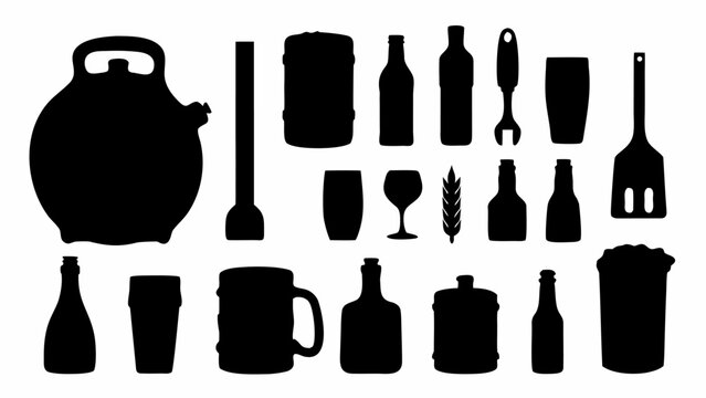 A premium collection of 100 black silhouette vector icons featuring beer mugs, brewing kettles, fermentation tanks, hops, barley, malt sacks, yeast packets, bottle caps, growlers, kegs, beer bottles, 