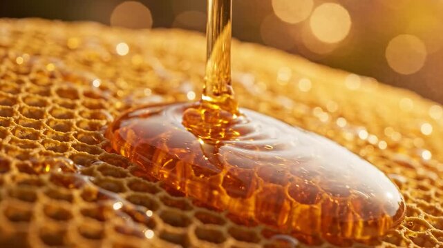 Golden honey pouring onto a honeycomb, macro shot, natural sweet food, summer harvest, bokeh background